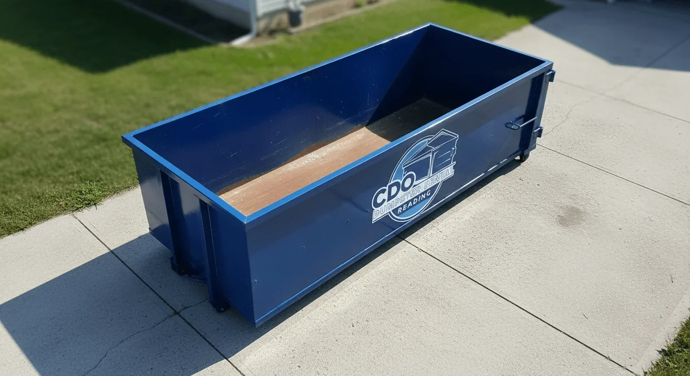A small CDO roll-off dumpster set on a residential driveway, empty and ready to be filled