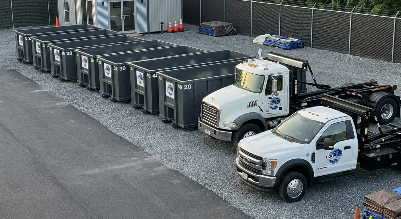 CDO roll-off dumpsters staged at the company yard at dusk, ready for delivery