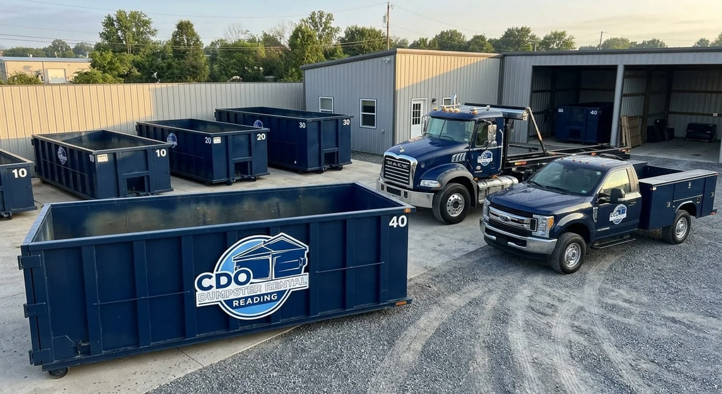 CDO 30 yard roll-off containers staged at the company yard alongside a delivery truck