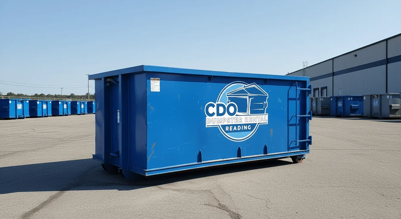 A large CDO 40 yard roll-off dumpster staged at the company yard with the fleet parked behind it