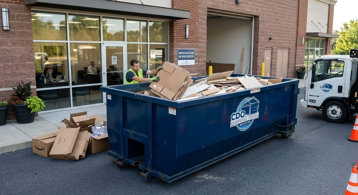 A CDO crew member loading cardboard and office waste into a roll-off dumpster outside a commercial building under renovation