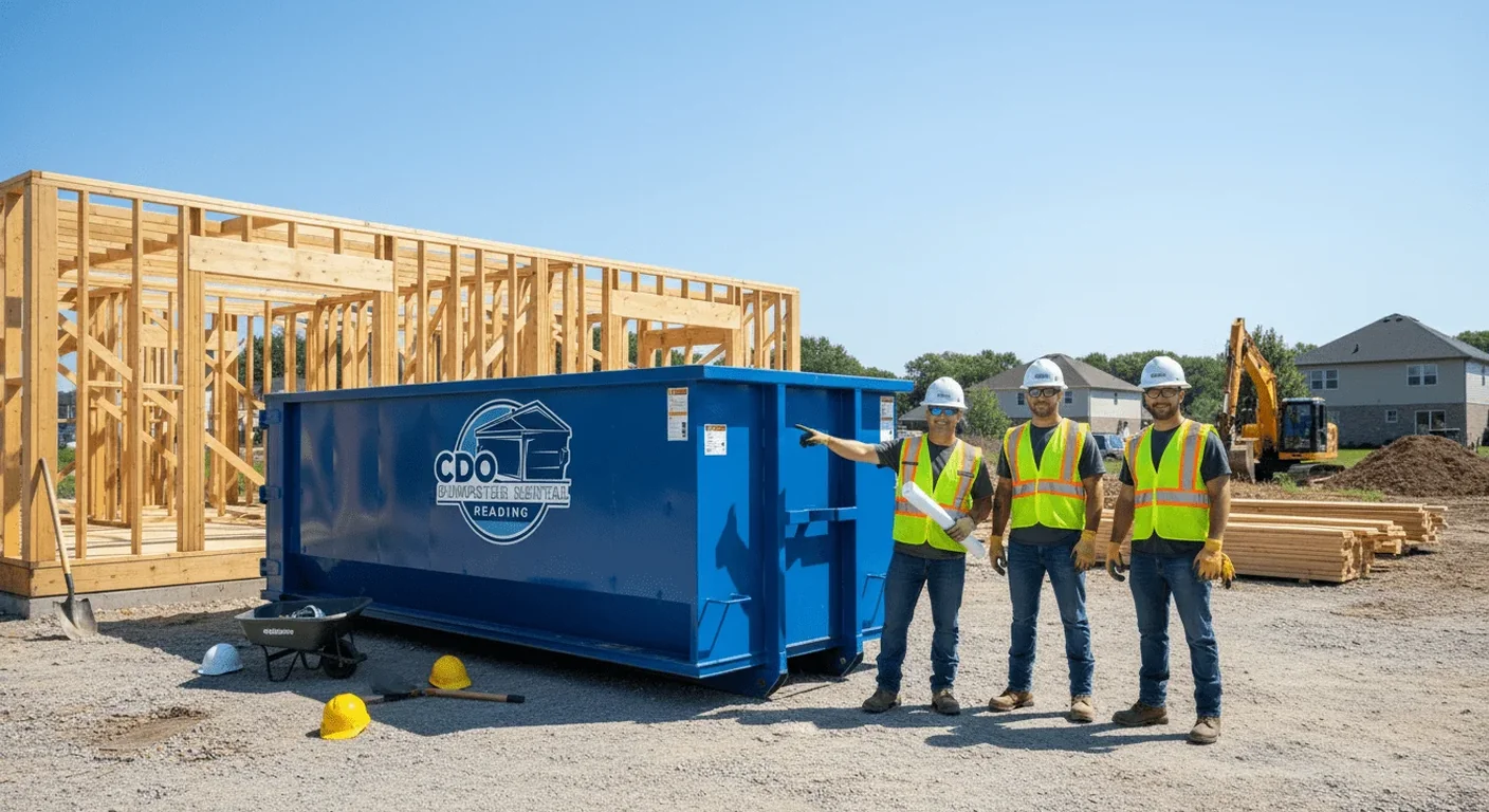 CDO Dumpster Rental Reading crew members in hard hats beside a roll-off dumpster at a new-home construction site