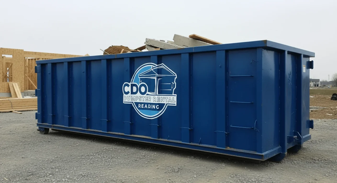 A CDO roll-off dumpster loaded with wood scraps and concrete debris at a residential construction site