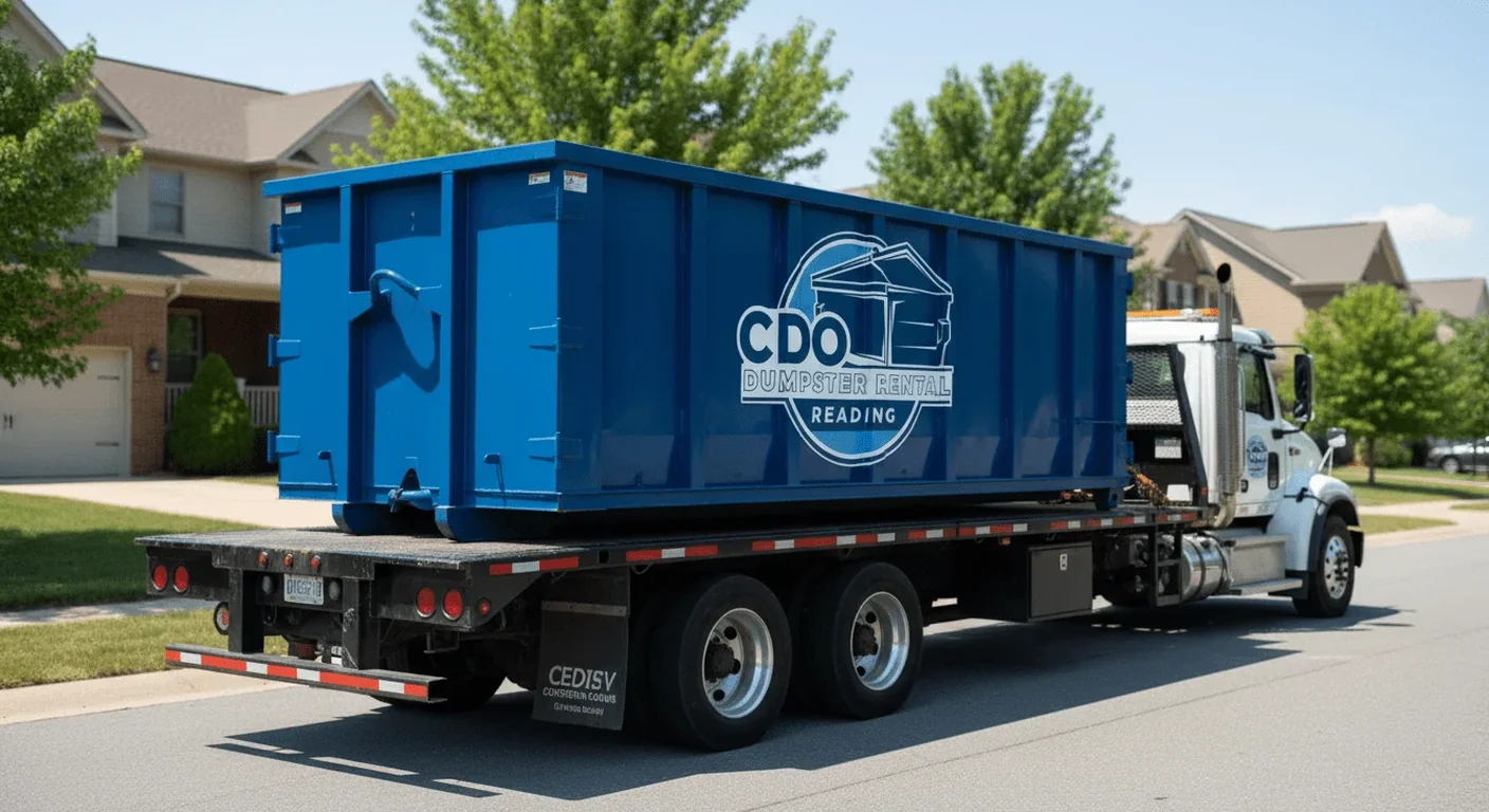 A CDO roll-off dumpster loaded on a delivery truck driving through a Reading-area residential neighborhood