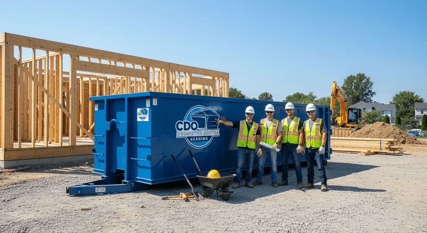 CDO crew members reviewing job plans beside a roll-off dumpster at a new-construction site