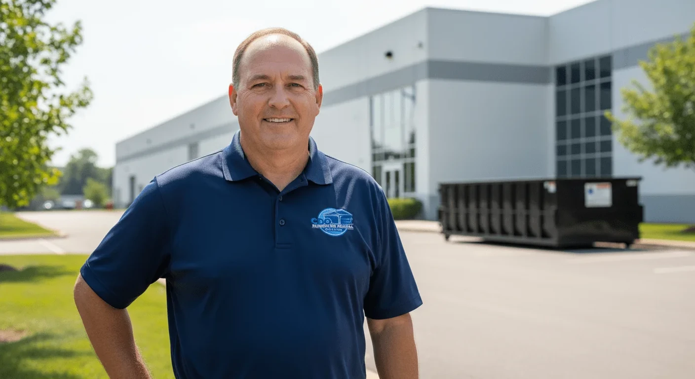 Mark Wenrich, owner of CDO Dumpster Rental Reading, standing outside the company office next to a roll-off dumpster