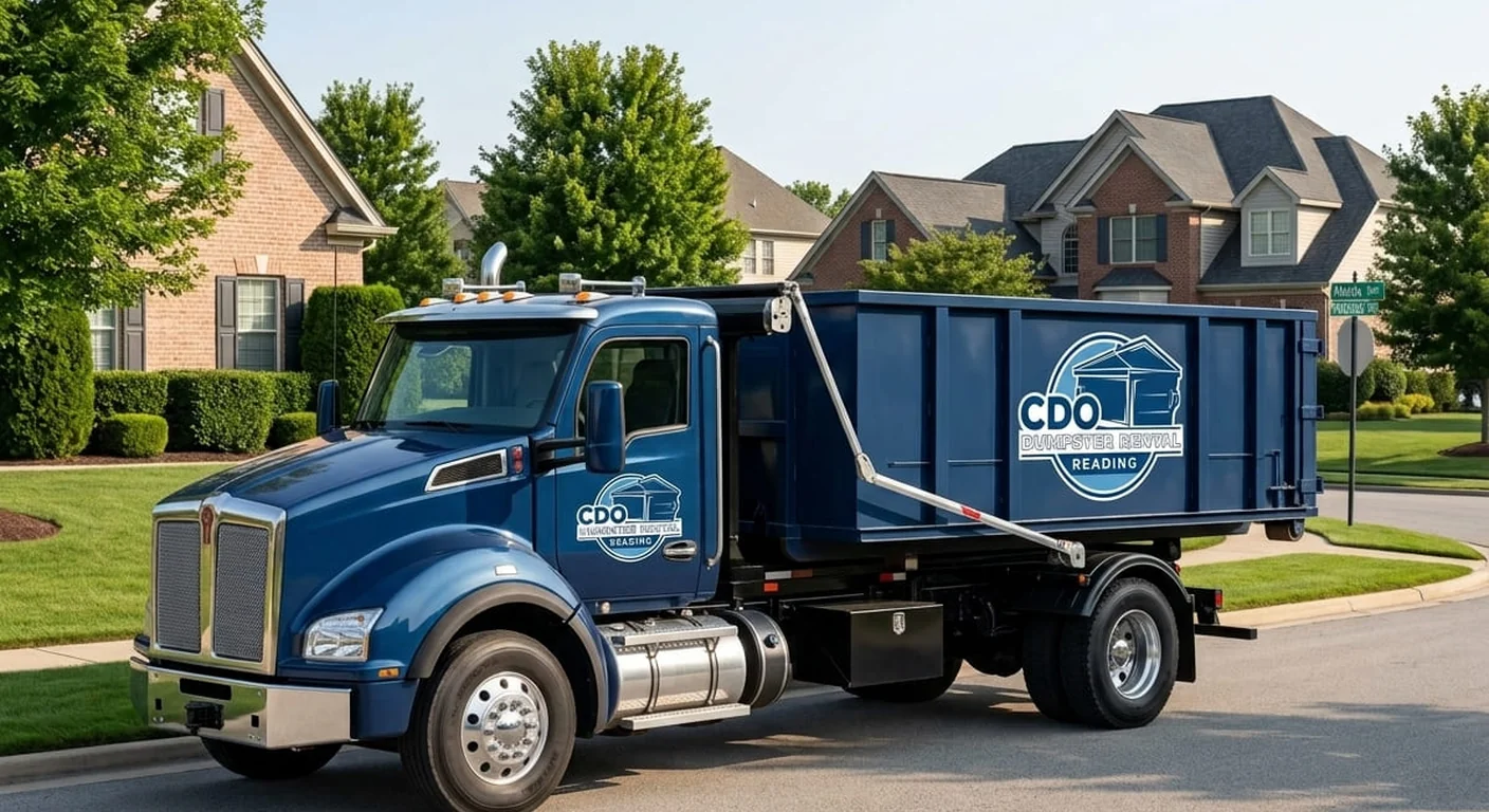 CDO Dumpster Rental Reading roll-off truck delivering a blue dumpster on a Reading-area residential street
