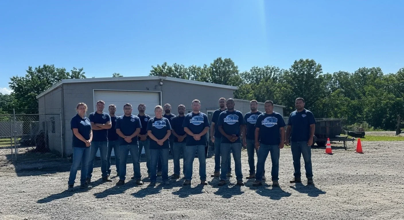 The CDO Dumpster Rental Reading team gathered outside the shop at the company yard