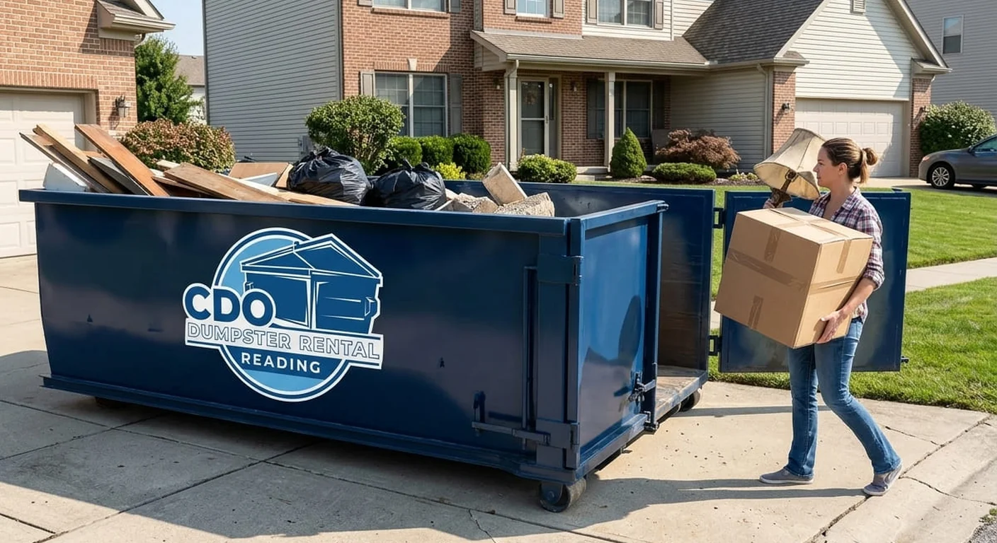 A woman carrying a lamp and a moving box to a CDO dumpster loaded with furniture and bagged items during a home cleanout