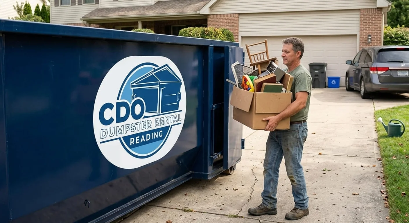 A homeowner loading a chair and boxes of household junk into a CDO roll-off dumpster on a driveway