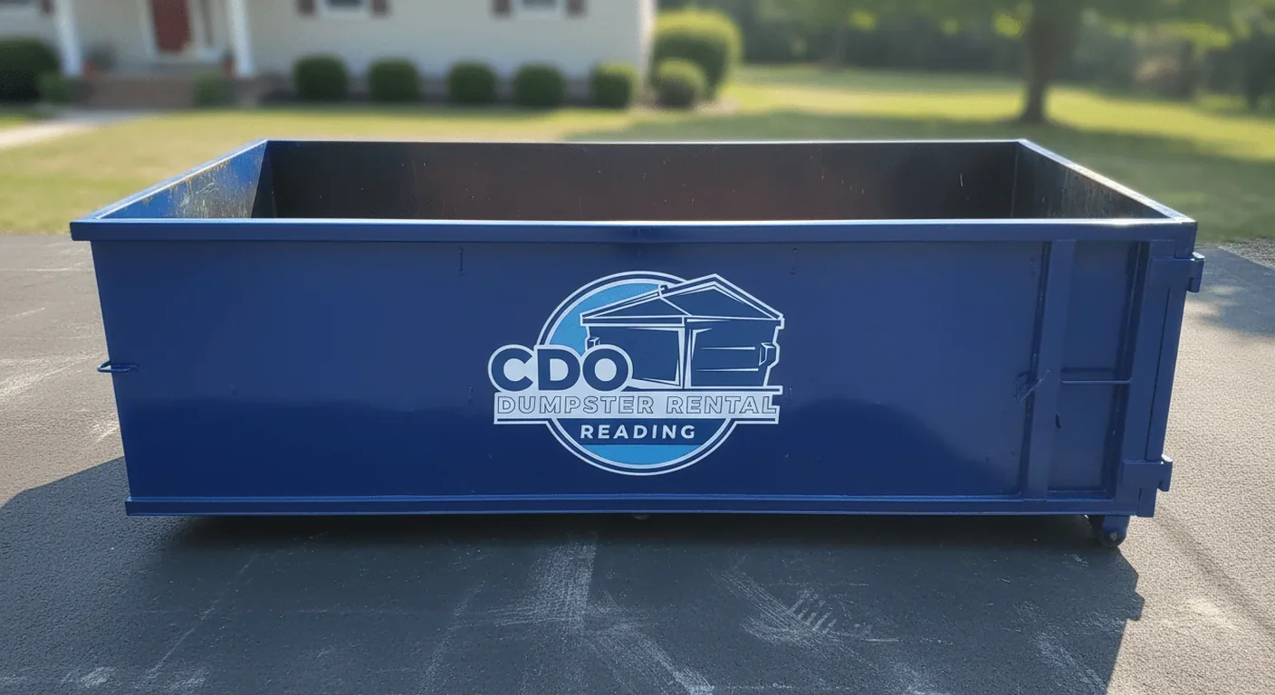 An empty CDO roll-off dumpster set on a residential driveway in front of a Reading-area home