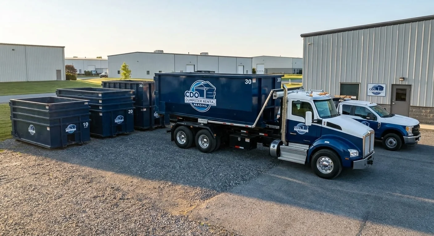CDO's lineup of 10, 15, 20, 30 and 40 yard roll-off containers staged at the company yard with delivery trucks