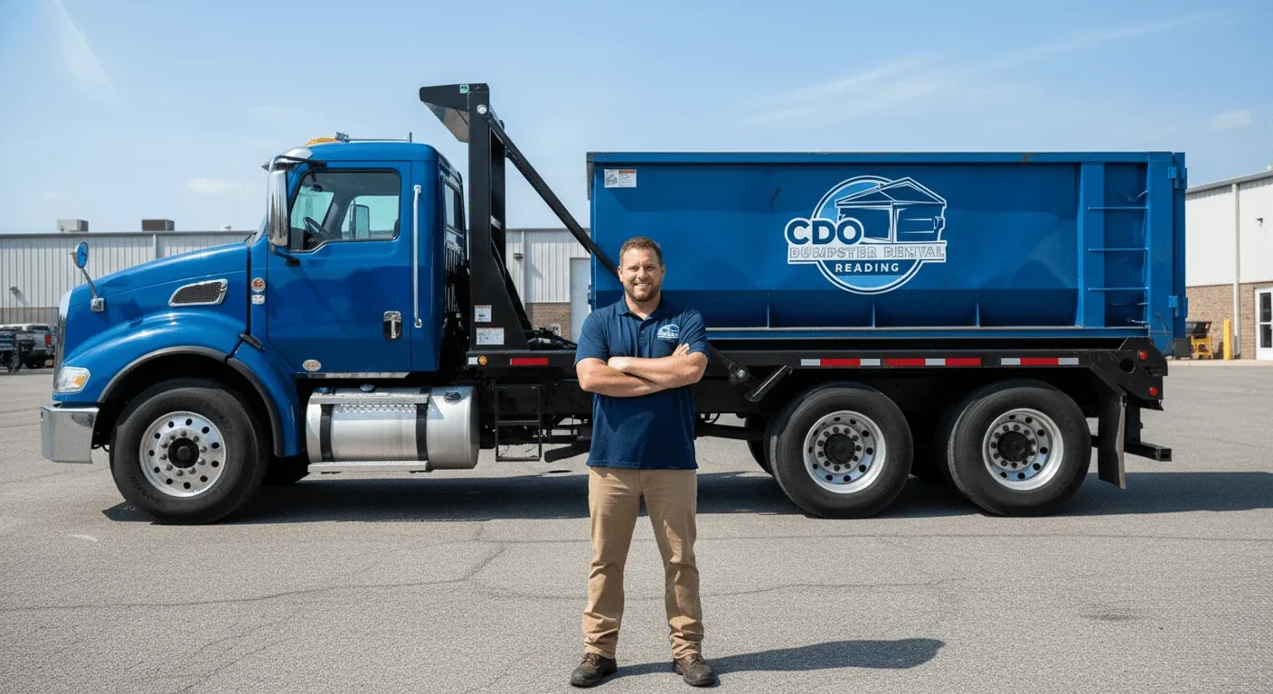 A CDO Dumpster Rental Reading driver standing in front of a company roll-off truck, ready for a same-day delivery