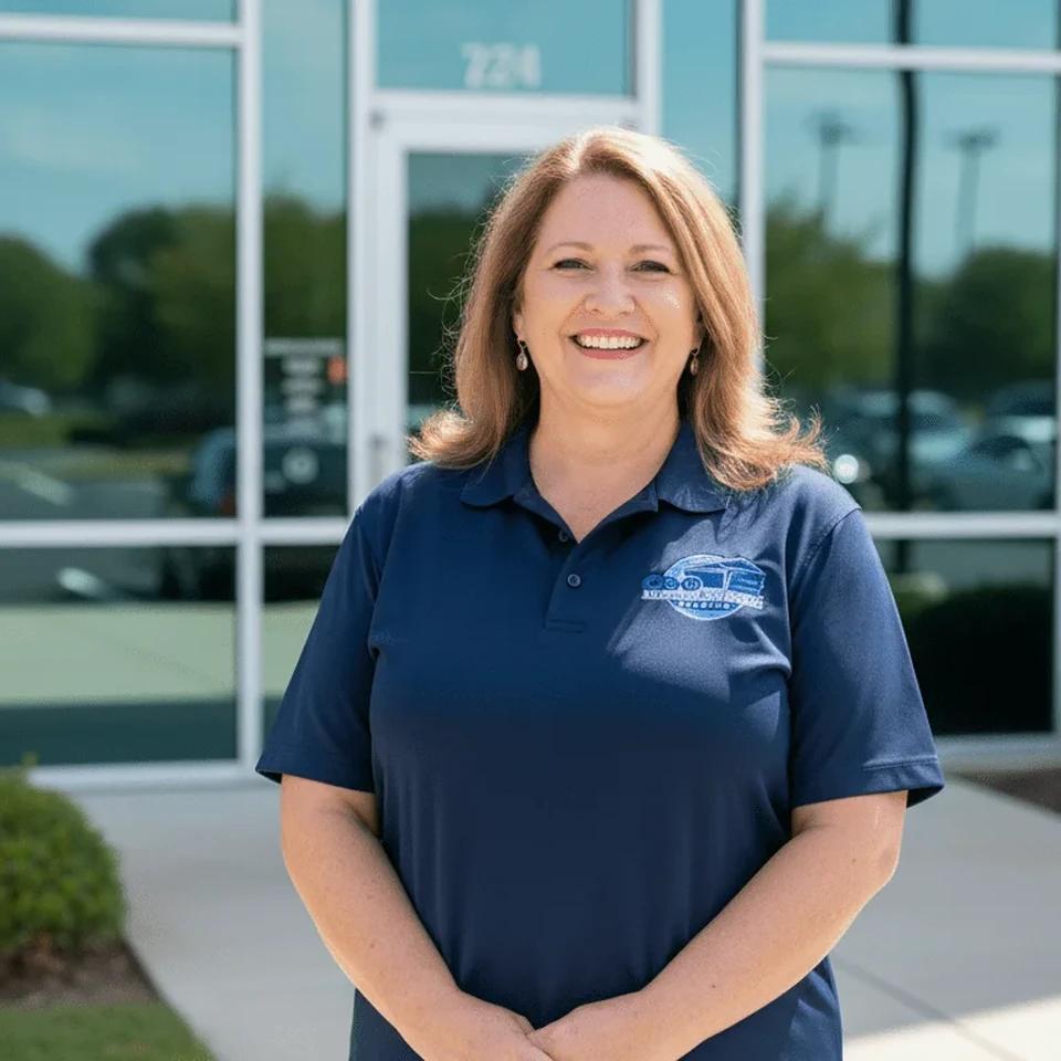 Denise Fegley, HR manager at CDO Dumpster Rental Reading, standing outside the company office