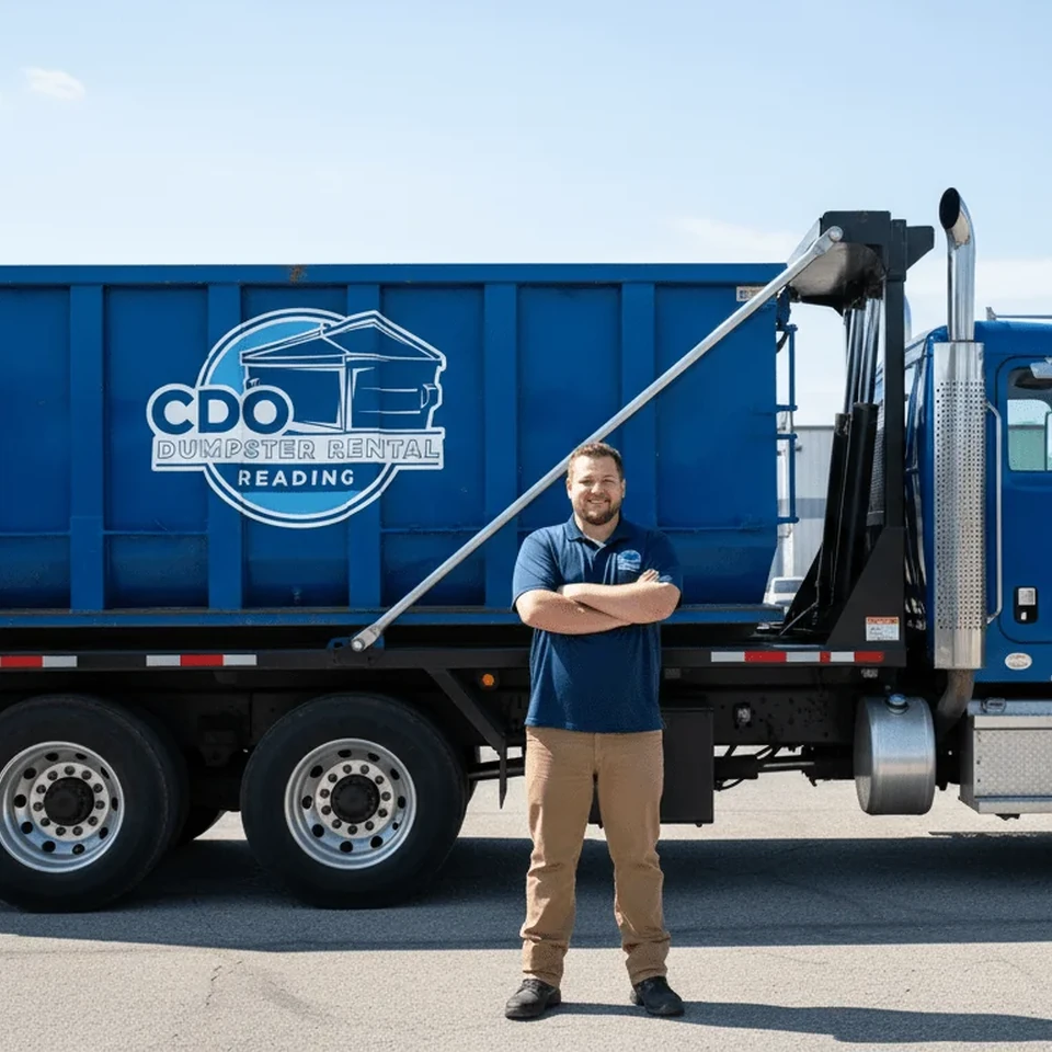 Ryan Hoch, driver at CDO Dumpster Rental Reading, standing in front of a company roll-off truck