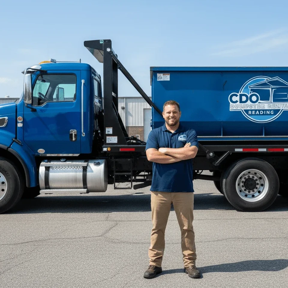 Tyler Bechtel, lead driver at CDO Dumpster Rental Reading, standing in front of a company roll-off truck