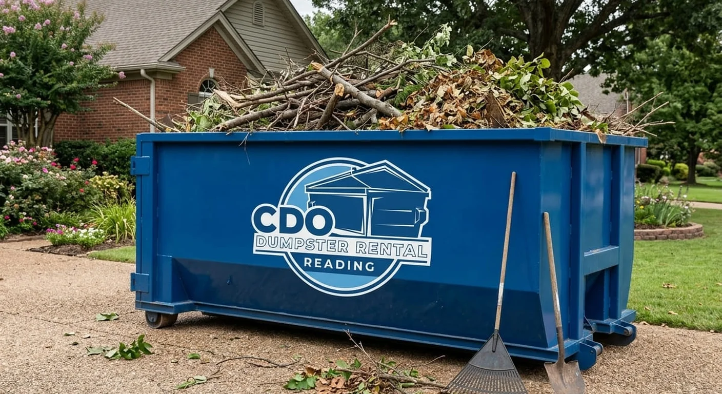 A CDO dumpster filled with branches and yard waste after a cleanup, with a rake and shovel leaning against it